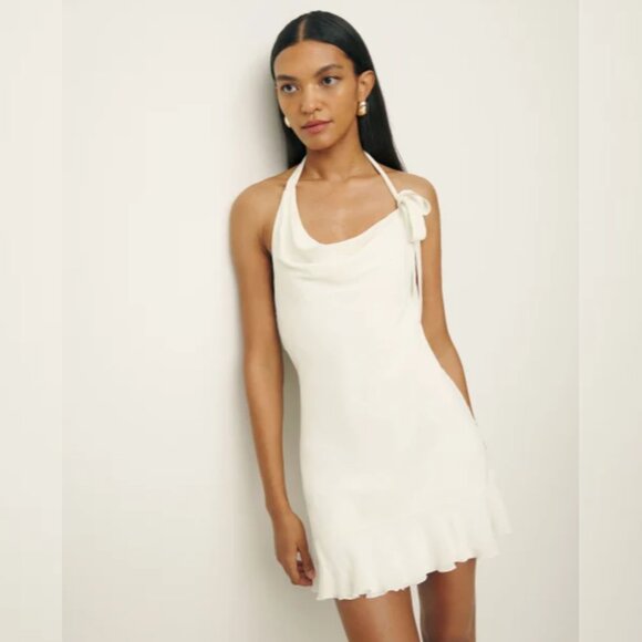 NWOT Reformation Ellasandra Dress in White Mini Halter Tie Strap Ruffle - Picture 2 of 5